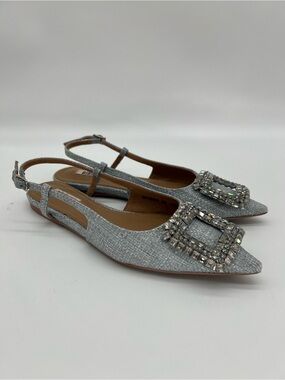 Crystal Buckle Silver Slingback Flats